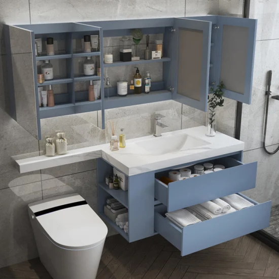 Vanité de salle de bains en marbre, armoires de lavabo, vanité murale de salle de bains avec miroir LED intelligent