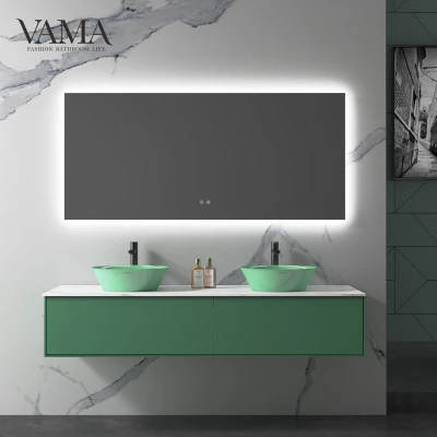 Vama Meuble de salle de bain mural au design moderne vert émeraude avec double vasque
