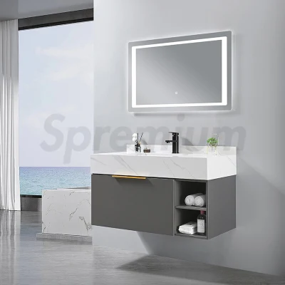 Meuble de salle de bain mural moderne en ardoise noire mate, ensemble de vanité flottante à évier simple avec miroir